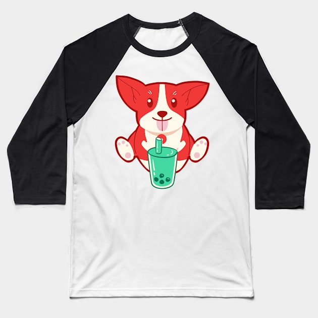Red Corgi Dog Drinking Bubble Tea Baseball T-Shirt by groovyfolk